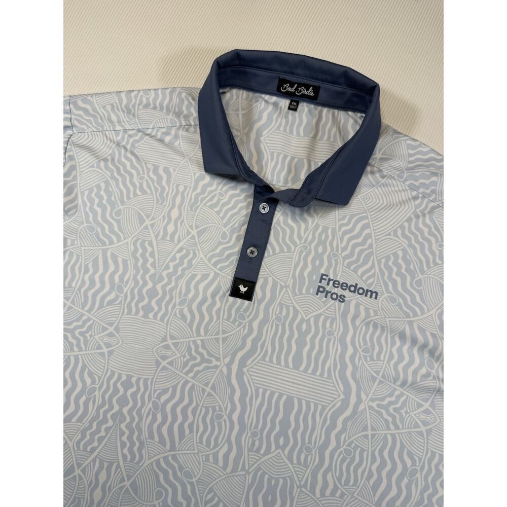 Bad Birdie Freedom Pros Golf Polo Shirt Blue Geometric Men’s 2XL Stretch